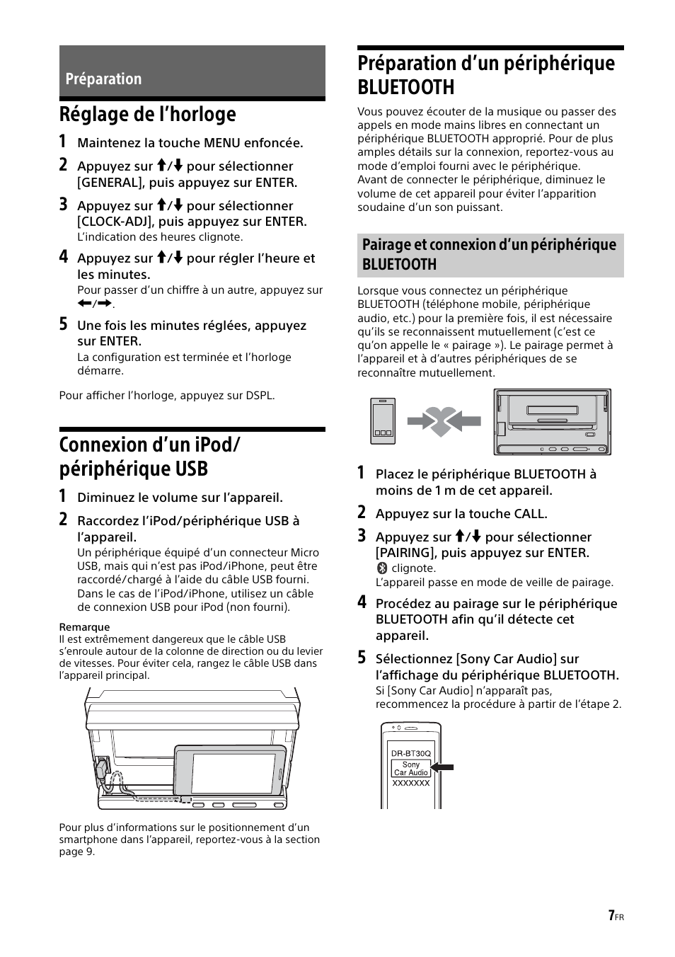 Préparation, Réglage de l’horloge, Connexion d’un ipod/périphérique usb | Préparation d’un périphérique bluetooth, Connexion d’un ipod/ périphérique usb | Sony XSP-N1BT User Manual | Page 63 / 148