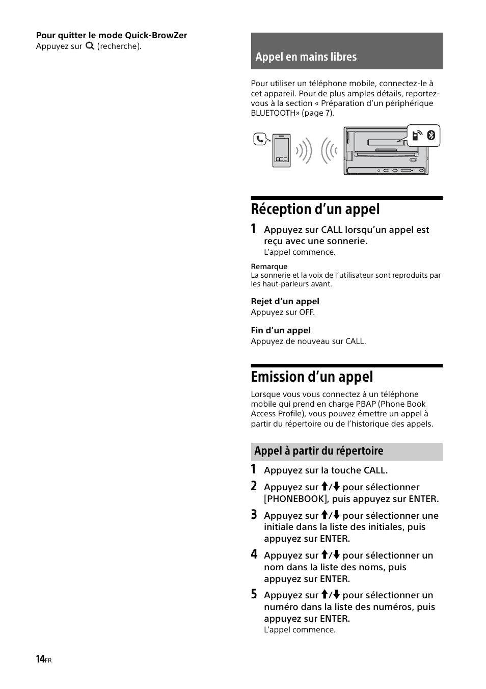 Appel en mains libres, Réception d’un appel, Emission d’un appel | Réception d’un appel emission d’un appel, Appel en mains libres appel à partir du répertoire | Sony XSP-N1BT User Manual | Page 70 / 148