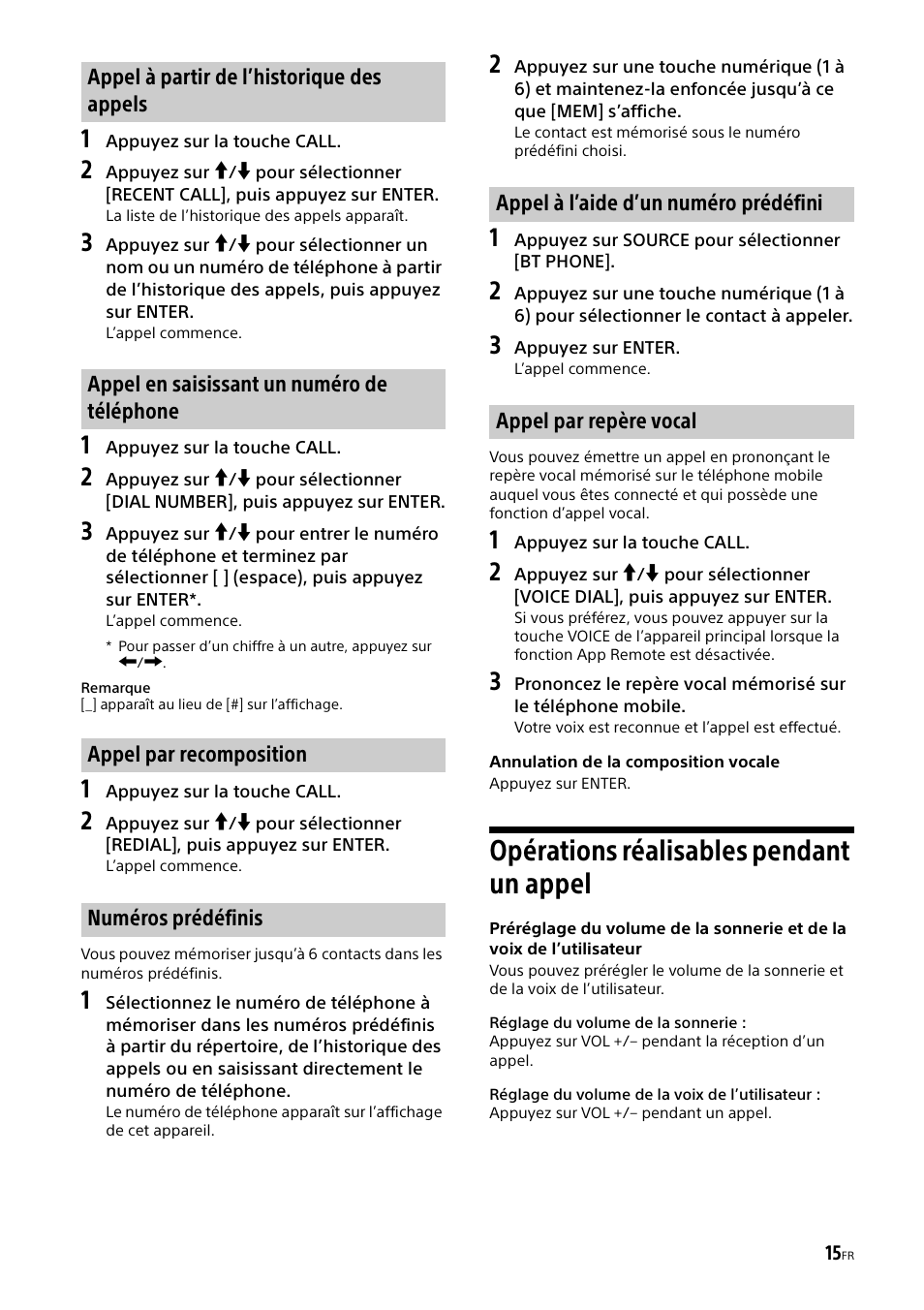 Opérations réalisables pendant un appel | Sony XSP-N1BT User Manual | Page 71 / 148