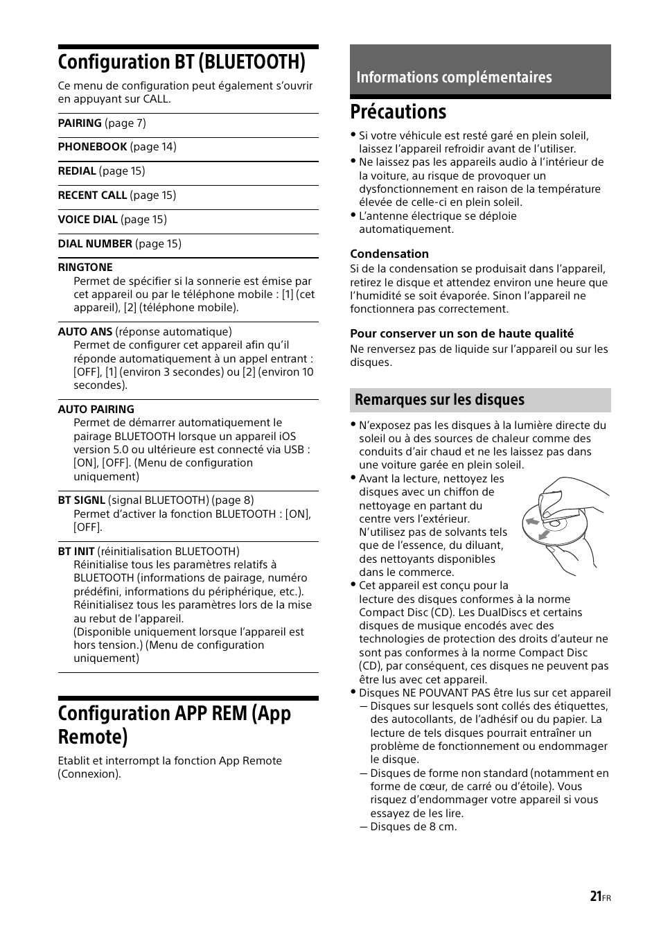 Configuration bt (bluetooth), Bt init (réinitialisation bluetooth), Configuration app rem (app remote) | Informations complémentaires, Précautions | Sony XSP-N1BT User Manual | Page 77 / 148