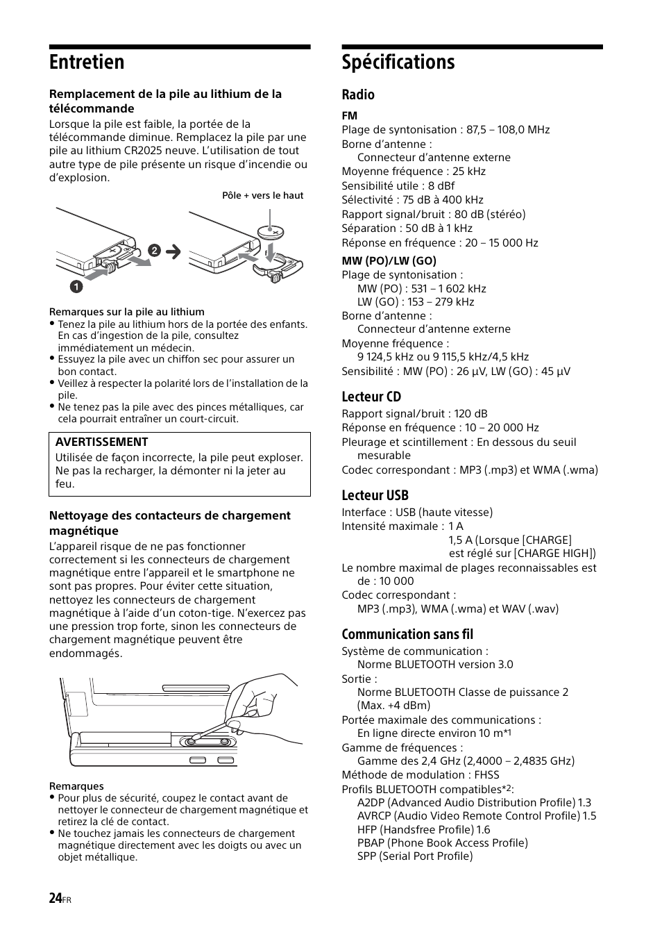 Entretien, Spécifications, Entretien spécifications | Radio, Lecteur cd, Lecteur usb, Communication sans fil | Sony XSP-N1BT User Manual | Page 80 / 148