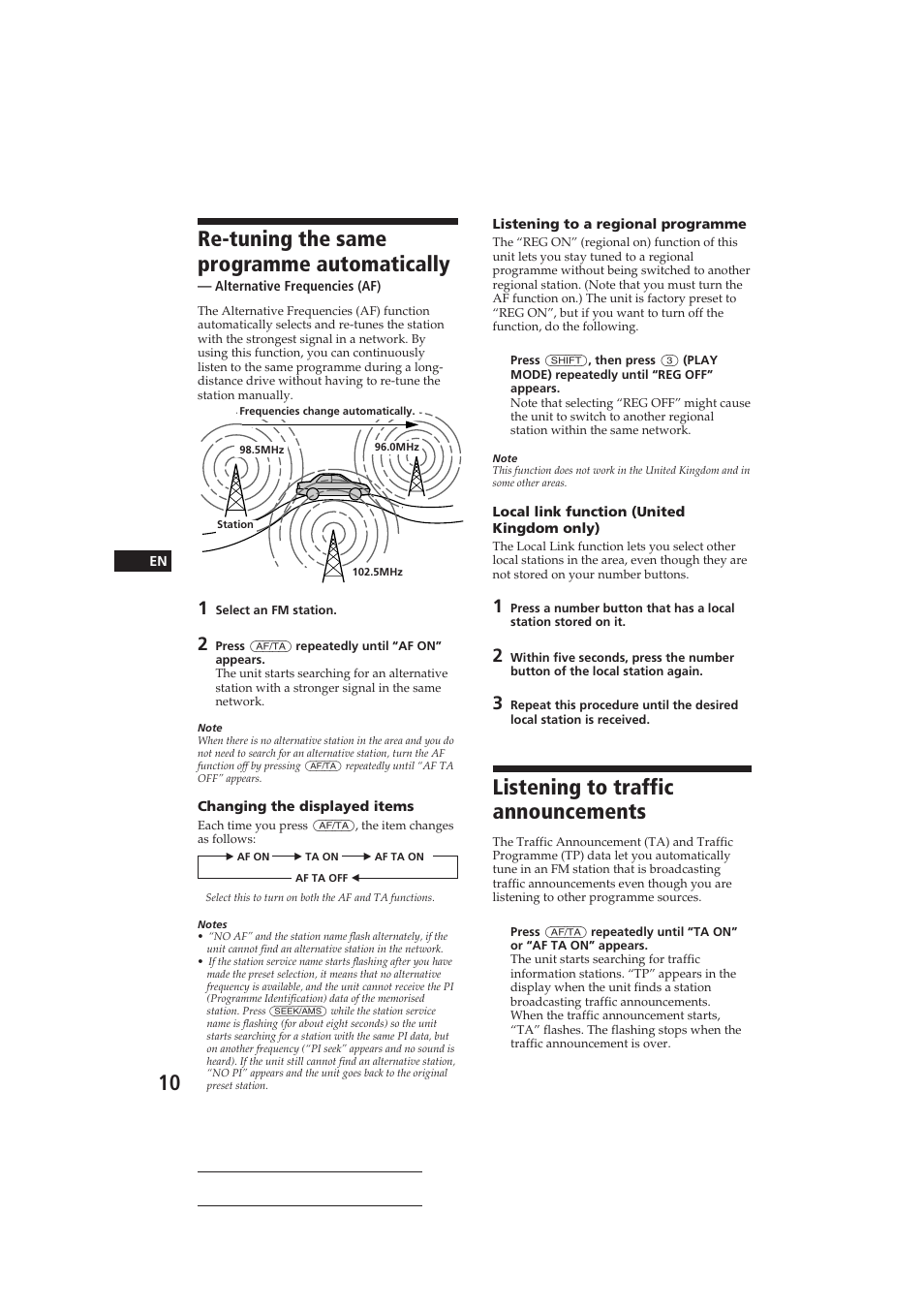 Re-tuning the same programme automatically, Listening to traffic announcements | Sony CDX-C810DSP User Manual | Page 10 / 129