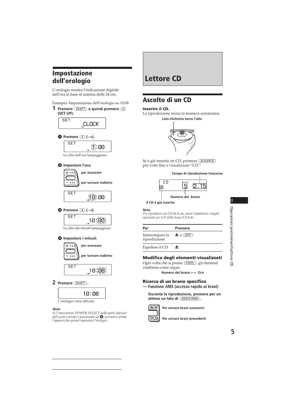 Lettore cd, Impostazione dell’orologio, Ascolto di un cd | Clock | Sony CDX-C810DSP User Manual | Page 100 / 129