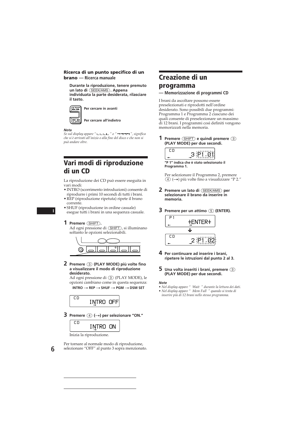 Vari modi di riproduzione di un cd, Creazione di un programma, Intro on | Intro off, 3 p1.‚1, Enter, 2 p1.‚2 | Sony CDX-C810DSP User Manual | Page 101 / 129