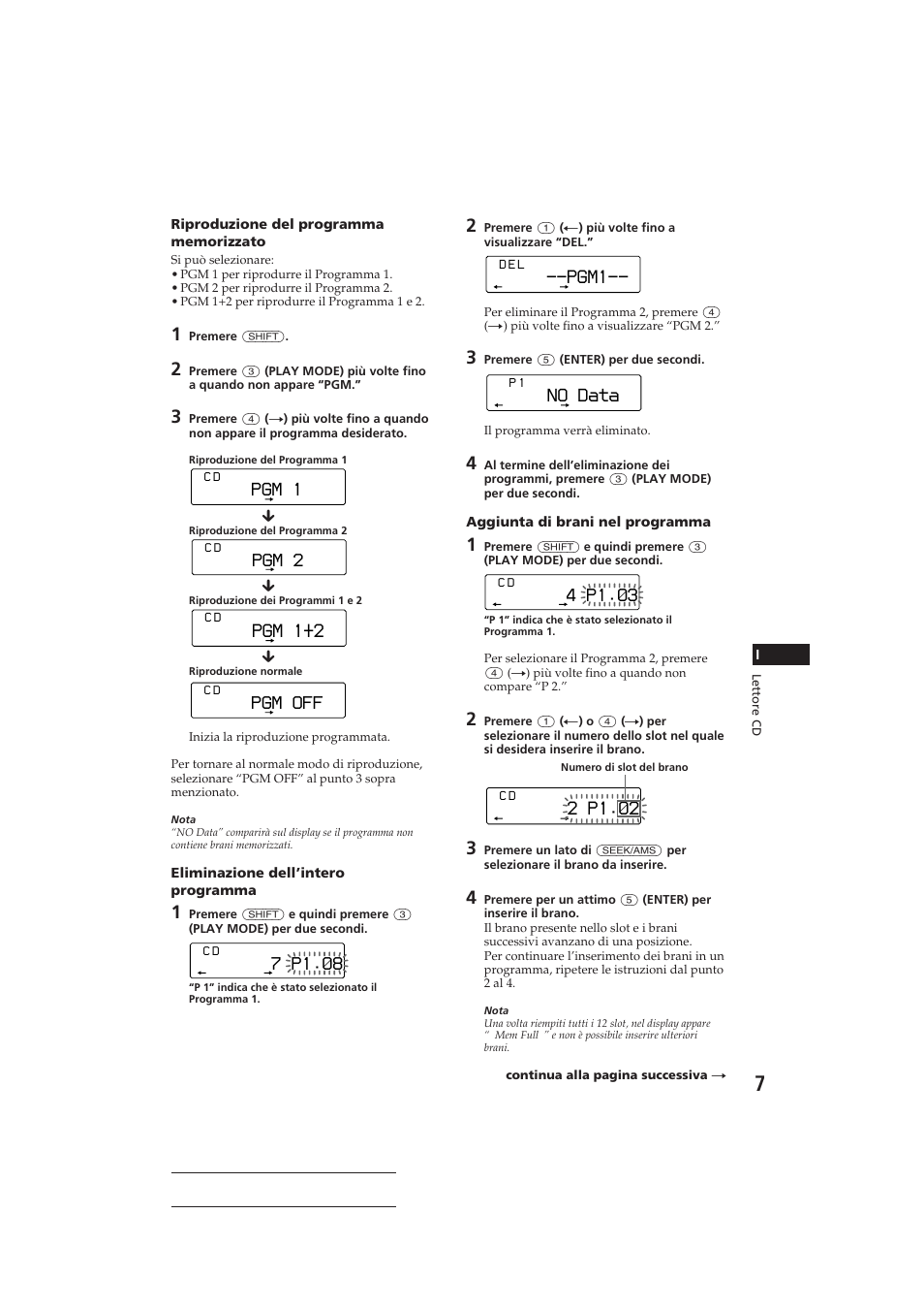Pgm 1, Pgm 1+2, Pgm1 | No data, 2 p1.‚2, 7 p1.‚8, Pgm 2, 4 p1.‚3, Pgm off | Sony CDX-C810DSP User Manual | Page 102 / 129