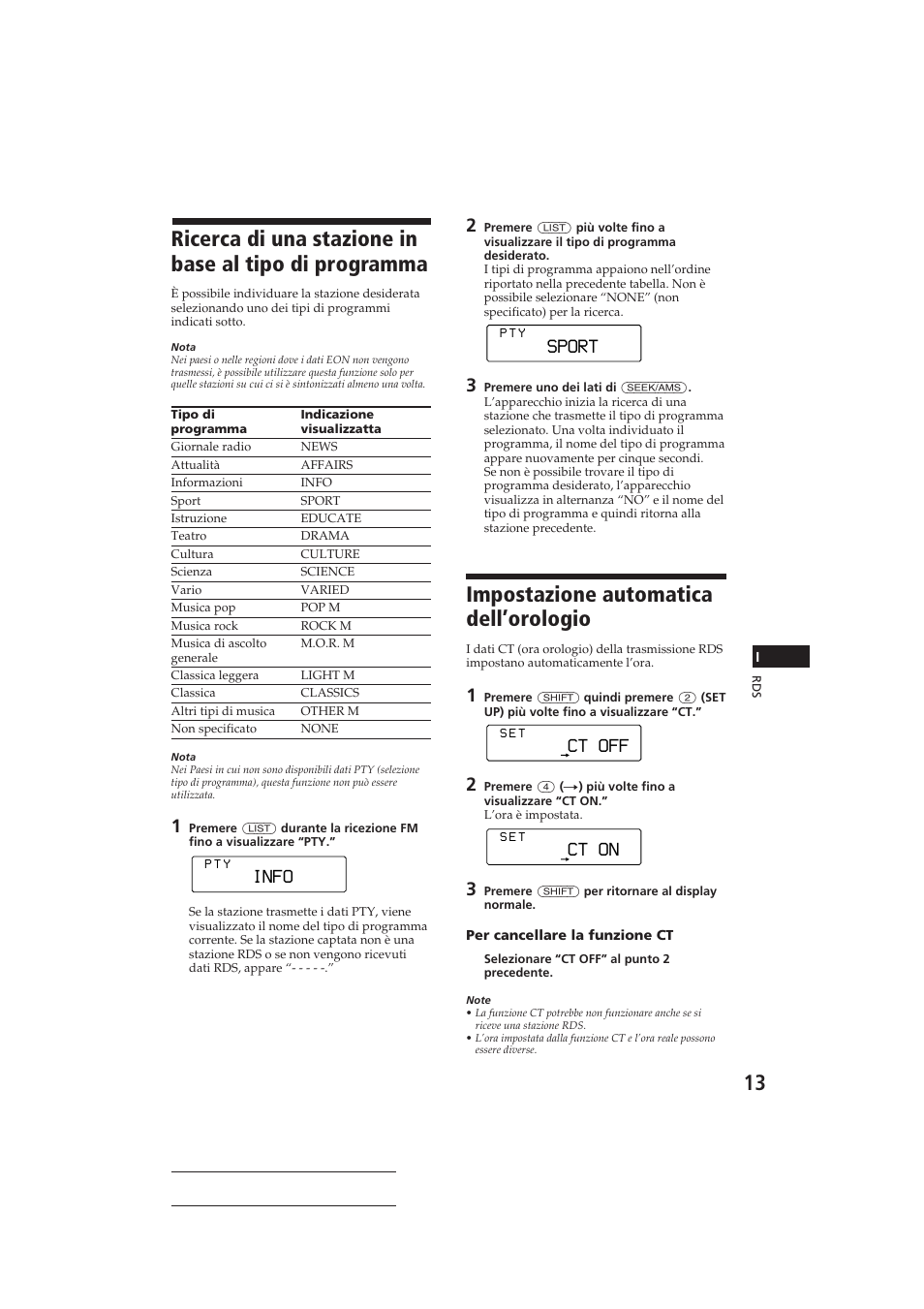 Impostazione automatica dell’orologio, Info, Sport | Ct on, Ct off | Sony CDX-C810DSP User Manual | Page 108 / 129