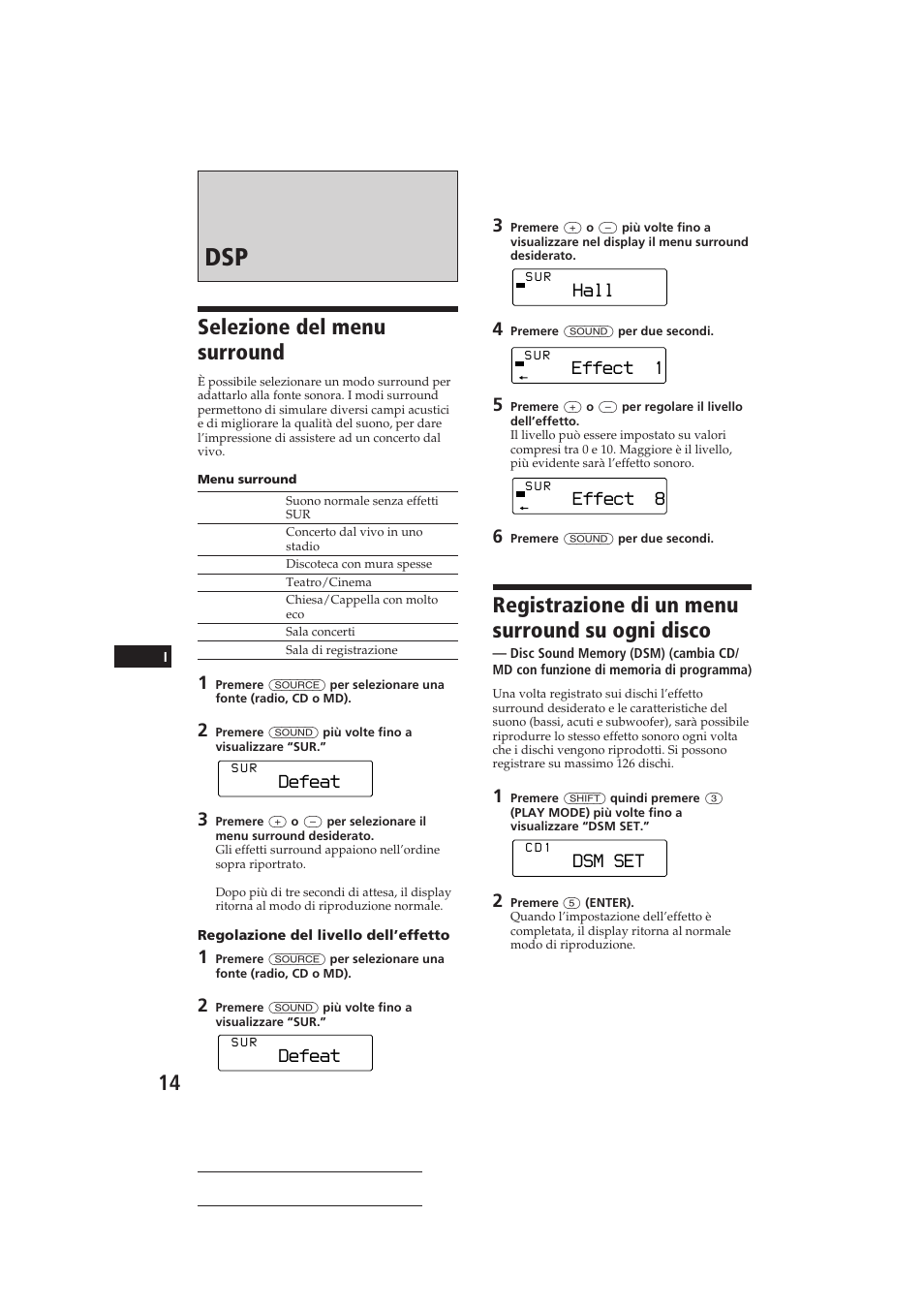 Selezione del menu surround, Registrazione di un menu surround su ogni disco, Defeat | Hall, Effect 8, Dsm set, Effect 1 | Sony CDX-C810DSP User Manual | Page 109 / 129