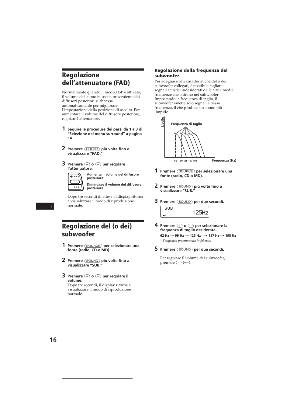 Regolazione dell’attenuatore (fad), Regolazione del (o dei) subwoofer, 125hz | Sony CDX-C810DSP User Manual | Page 111 / 129