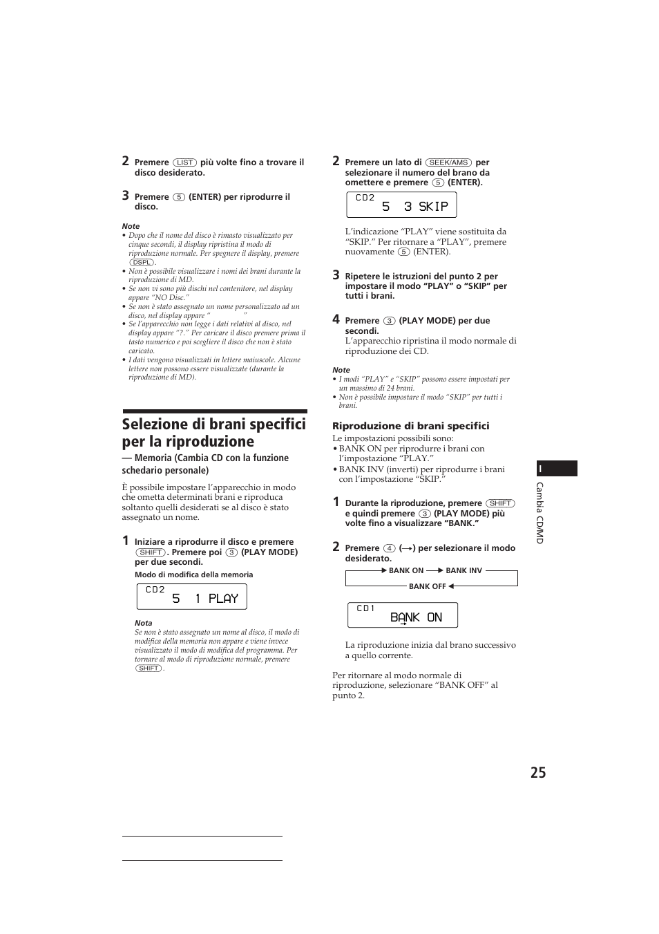 Selezione di brani specifici per la riproduzione, 5 1 play, 5 3 skip | Bank on | Sony CDX-C810DSP User Manual | Page 120 / 129