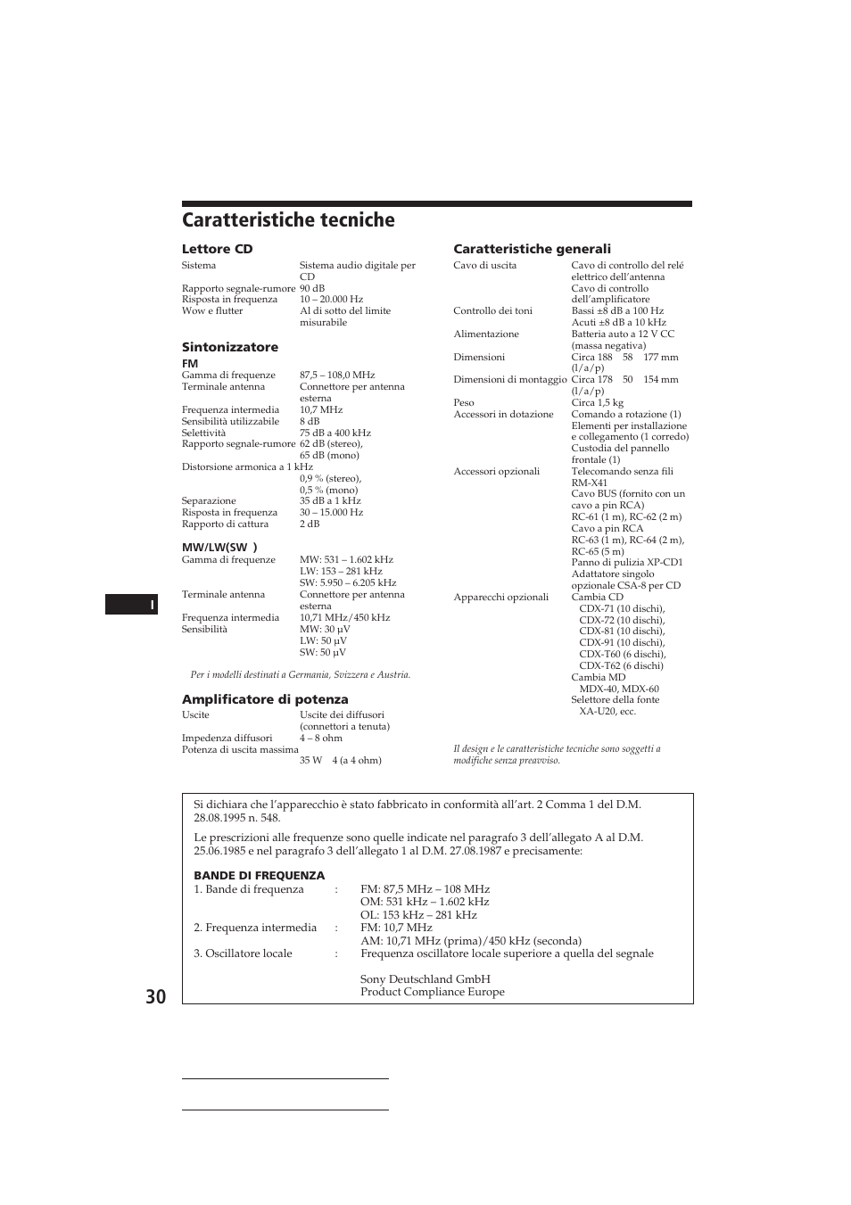 Caratteristiche tecniche | Sony CDX-C810DSP User Manual | Page 125 / 129