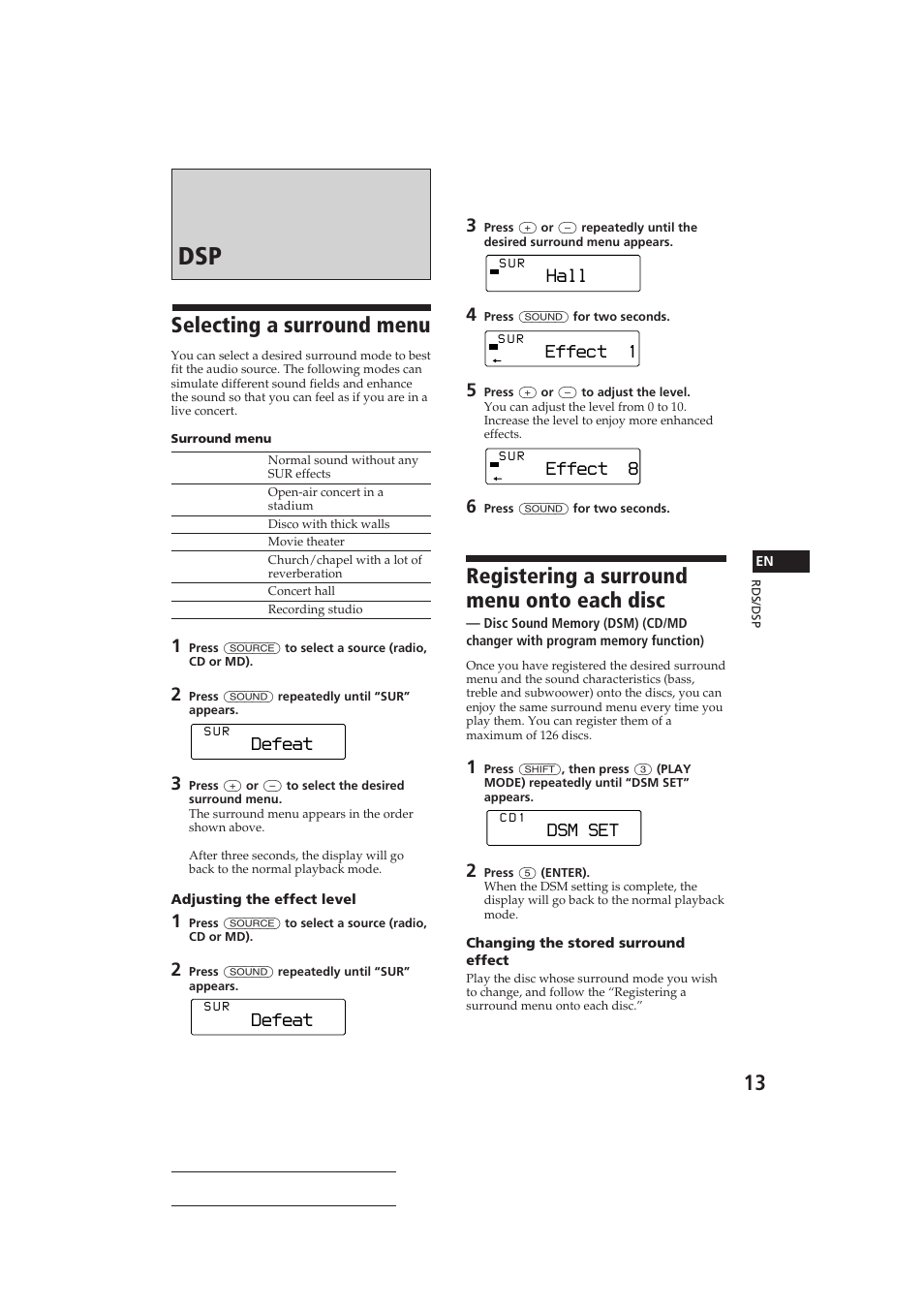 Selecting a surround menu, Registering a surround menu onto each disc, Hall | Effect 8, Defeat, Dsm set, Effect 1 | Sony CDX-C810DSP User Manual | Page 13 / 129