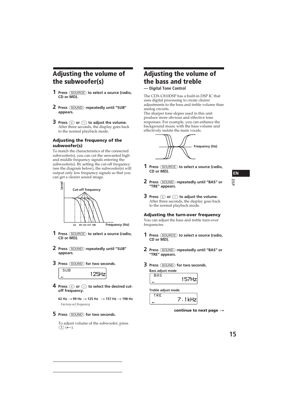Adjusting the volume of the subwoofer(s), Adjusting the volume of the bass and treble, 125hz | 1khz | Sony CDX-C810DSP User Manual | Page 15 / 129