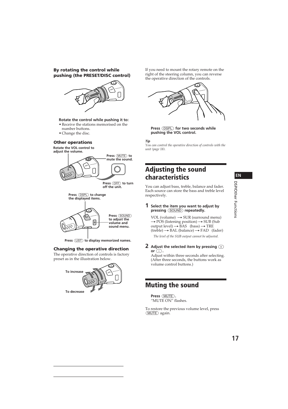 Adjusting the sound characteristics, Muting the sound | Sony CDX-C810DSP User Manual | Page 17 / 129