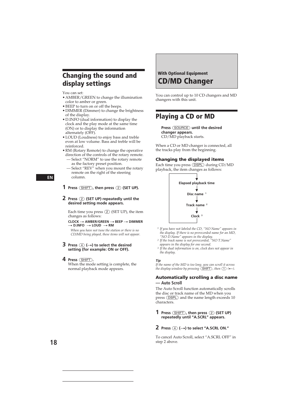 Cd/md changer, Changing the sound and display settings, Playing a cd or md | Sony CDX-C810DSP User Manual | Page 18 / 129