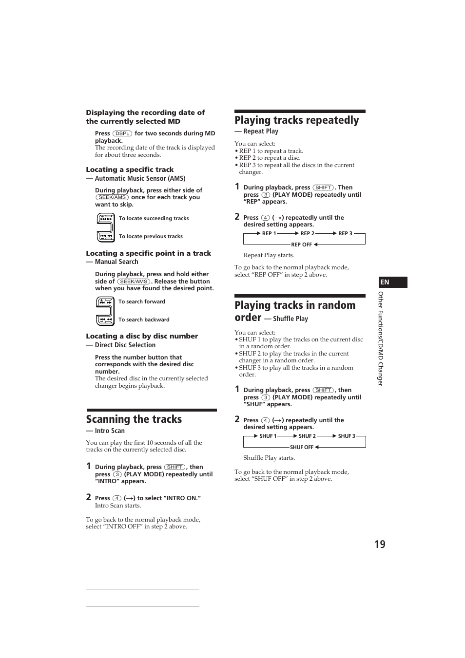 Scanning the tracks, Playing tracks repeatedly, Playing tracks in random order | Sony CDX-C810DSP User Manual | Page 19 / 129