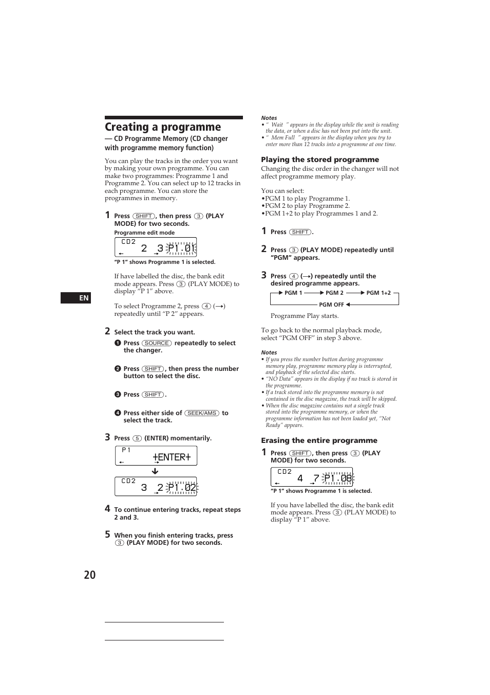 Creating a programme, Enter, 3 2 p1.‚2 | 2 3 p1.‚1, 4 7 p1.‚8 | Sony CDX-C810DSP User Manual | Page 20 / 129