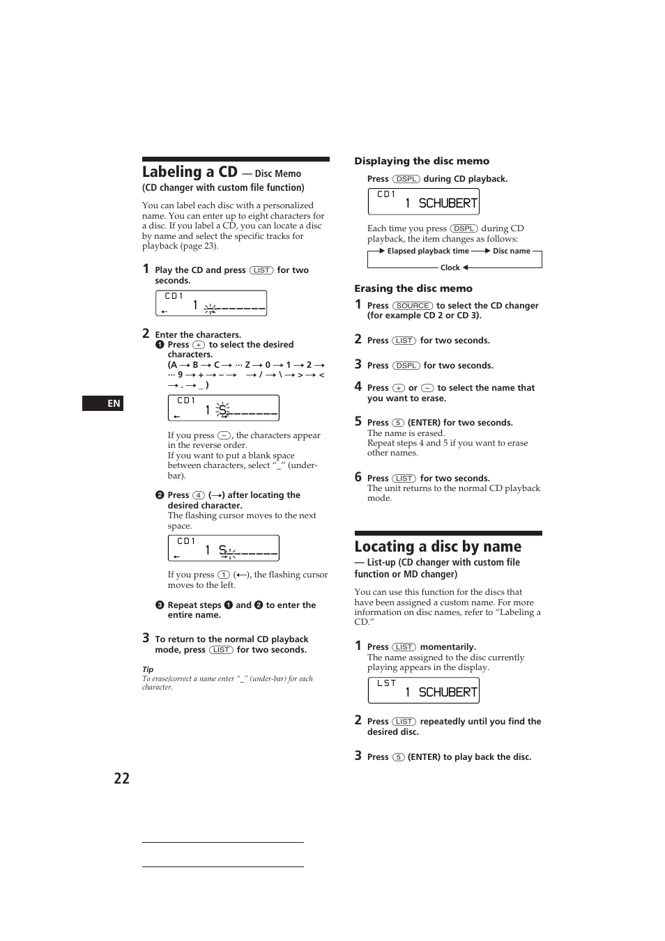 Labeling a cd, Locating a disc by name, 1 schubert | Sony CDX-C810DSP User Manual | Page 22 / 129