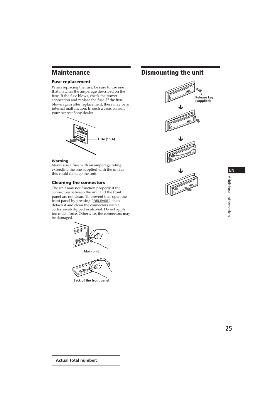 Maintenance, Dismounting the unit | Sony CDX-C810DSP User Manual | Page 25 / 129