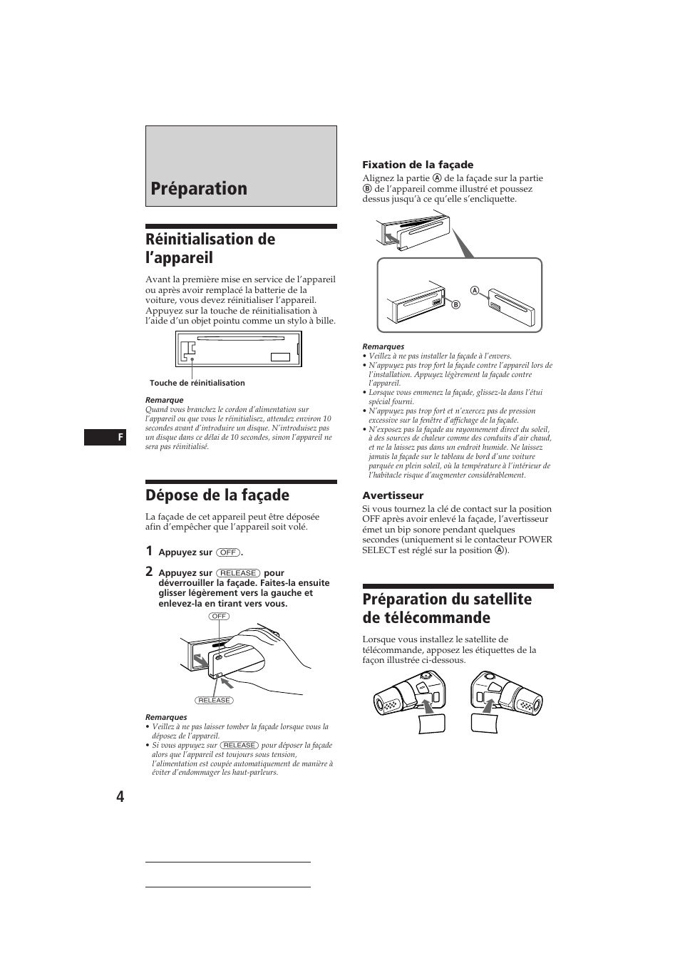 Préparation, Préparation du satellite de télécommande, Réinitialisation de l’appareil | Dépose de la façade | Sony CDX-C810DSP User Manual | Page 34 / 129