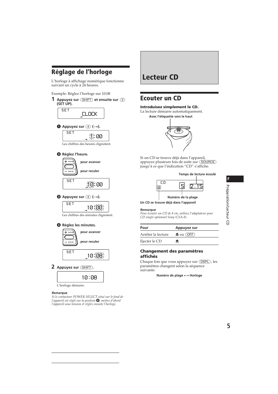 Lecteur cd, Ecouter un cd, Réglage de l’horloge | Clock | Sony CDX-C810DSP User Manual | Page 35 / 129