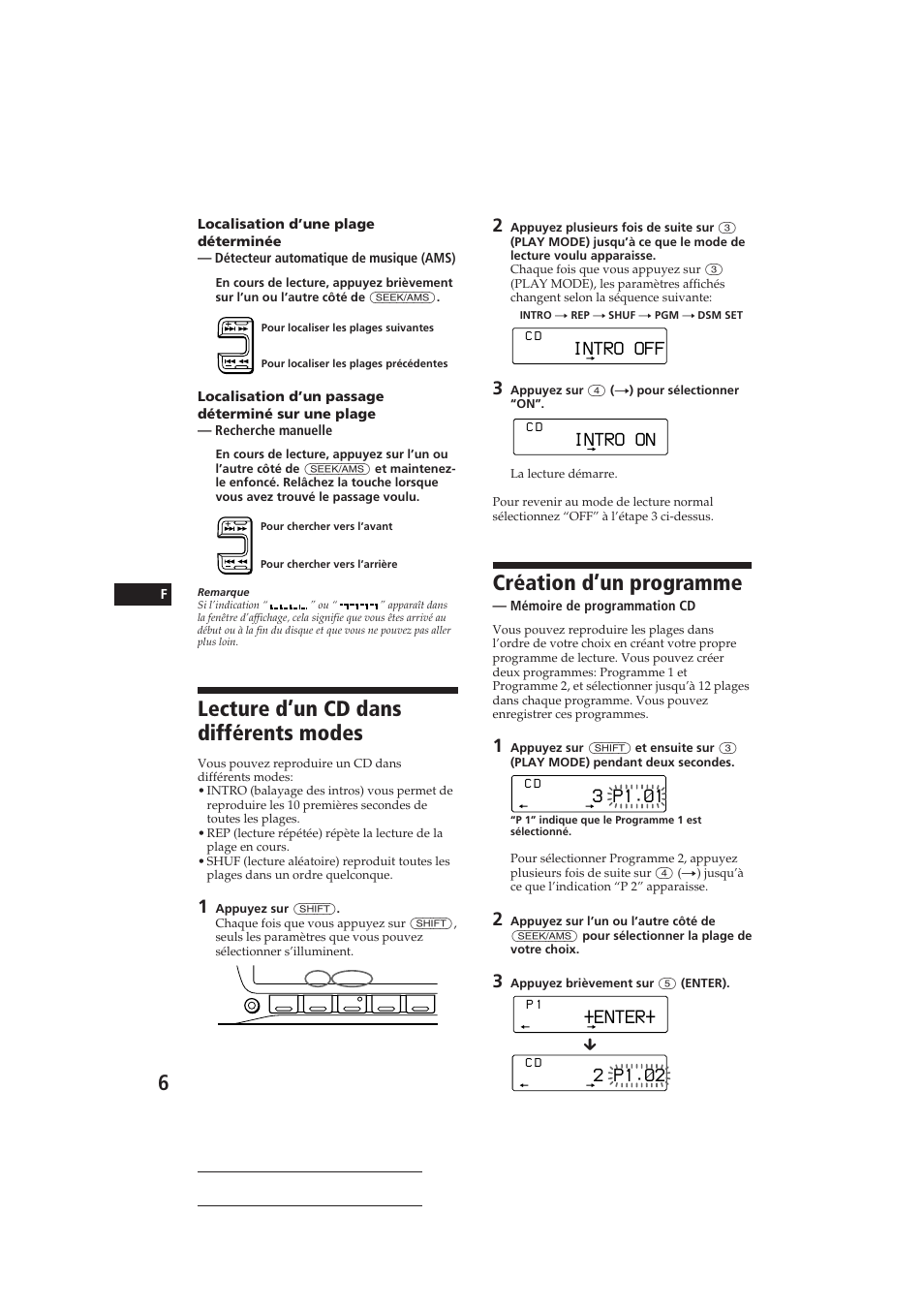 Création d’un programme, Lecture d’un cd dans différents modes, Intro off | Intro on, 3 p1.‚1, Enter, 2 p1.‚2 | Sony CDX-C810DSP User Manual | Page 36 / 129