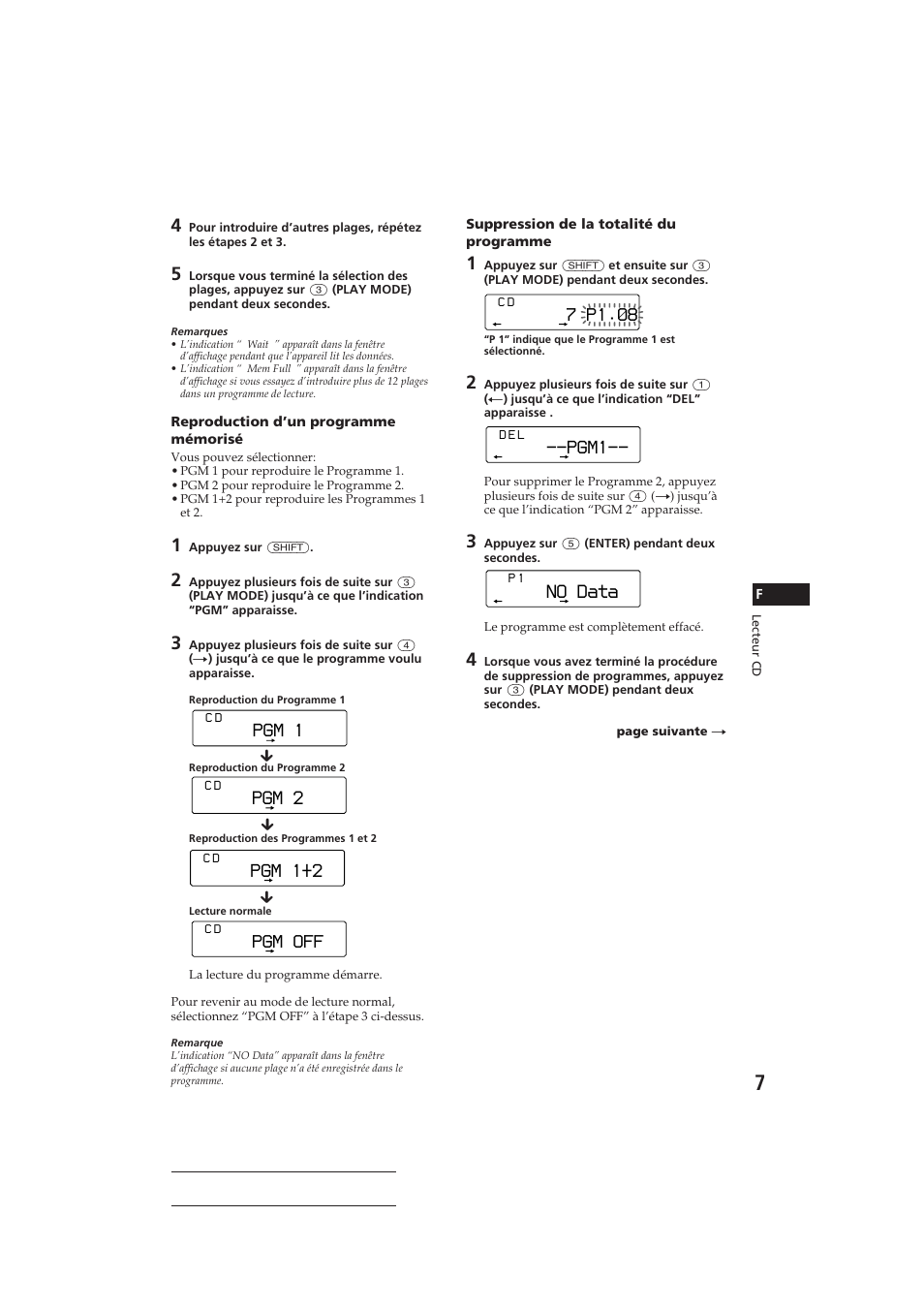 Pgm1, No data, Pgm 1 | Pgm 2, Pgm 1+2, 7 p1.‚8, Pgm off | Sony CDX-C810DSP User Manual | Page 37 / 129