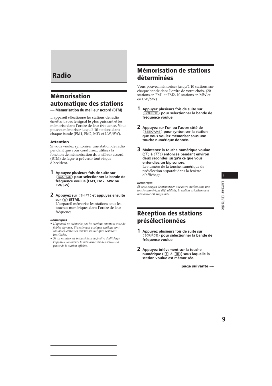 Radio, Mémorisation de stations déterminées, Réception des stations présélectionnées | Mémorisation automatique des stations | Sony CDX-C810DSP User Manual | Page 39 / 129