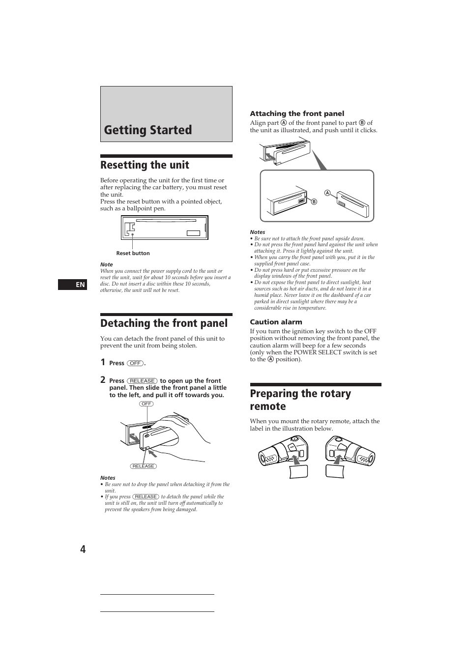 Getting started, Resetting the unit, Detaching the front panel | Preparing the rotary remote | Sony CDX-C810DSP User Manual | Page 4 / 129