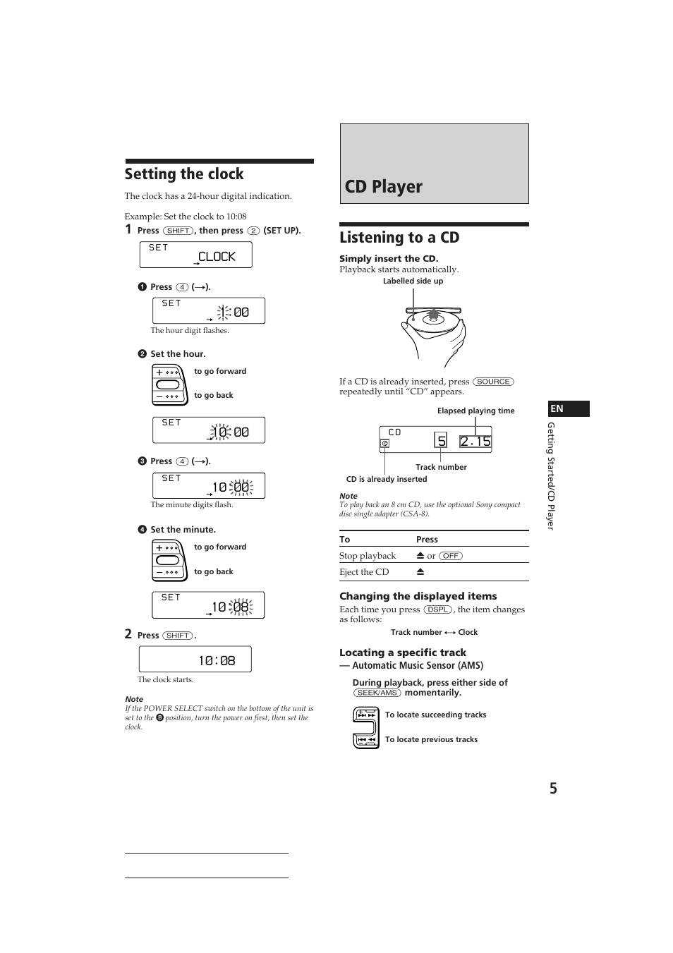 Cd player, Setting the clock, Listening to a cd | Clock | Sony CDX-C810DSP User Manual | Page 5 / 129