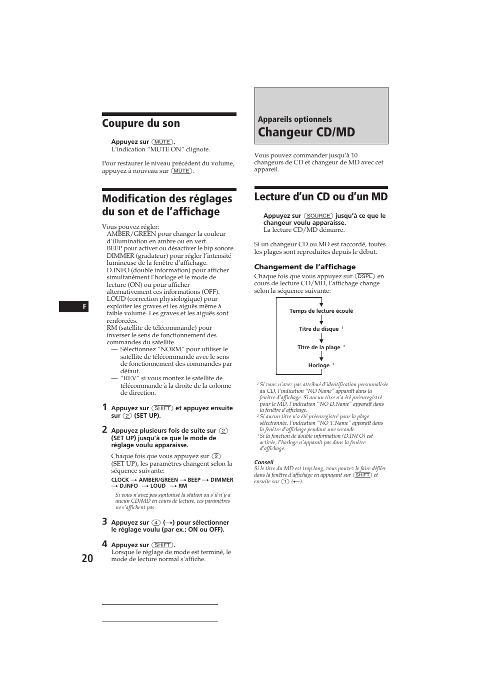 Changeur cd/md, Lecture d’un cd ou d’un md, Coupure du son | Modification des réglages du son et de l’affichage | Sony CDX-C810DSP User Manual | Page 50 / 129