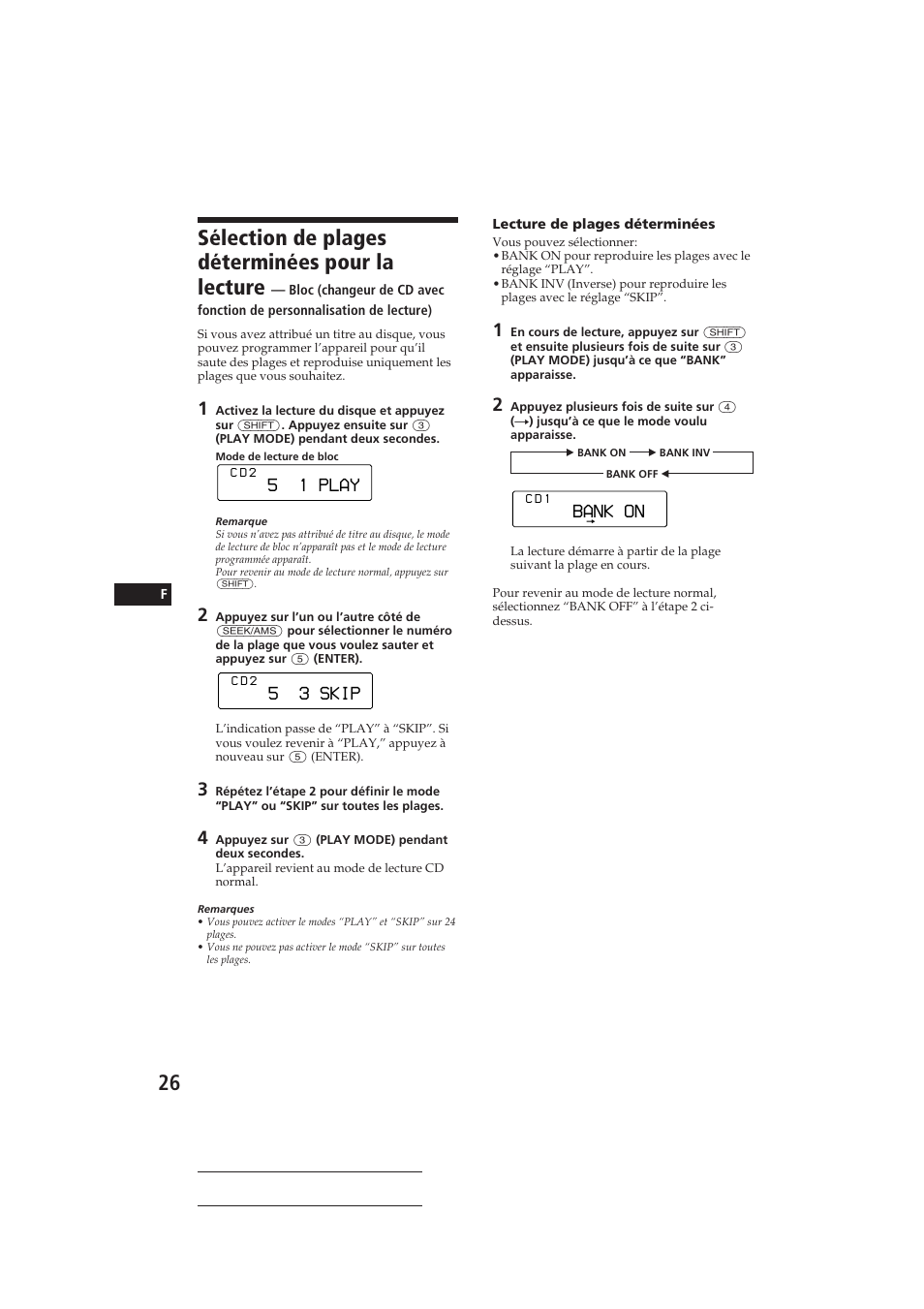 Sélection de plages déterminées pour la lecture, 5 1 play, 5 3 skip | Bank on | Sony CDX-C810DSP User Manual | Page 56 / 129