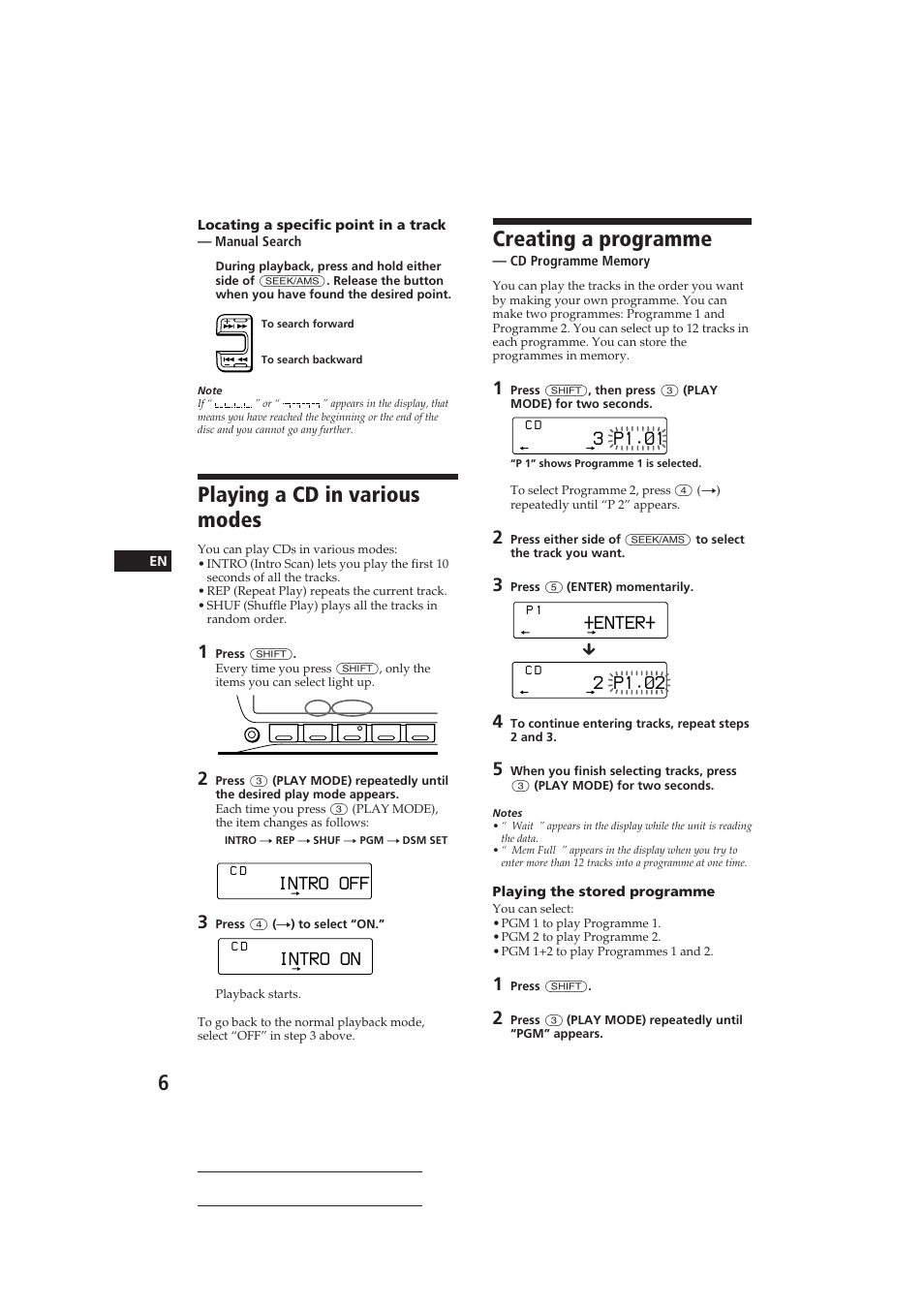 Creating a programme, Playing a cd in various modes, 3 p1.‚1 | Enter, 2 p1.‚2, Intro off, Intro on | Sony CDX-C810DSP User Manual | Page 6 / 129