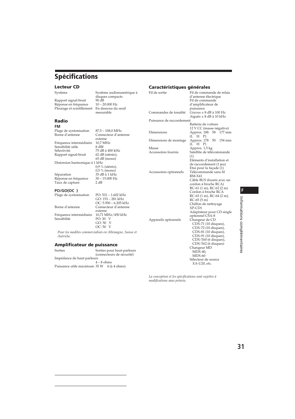 Spécifications | Sony CDX-C810DSP User Manual | Page 61 / 129
