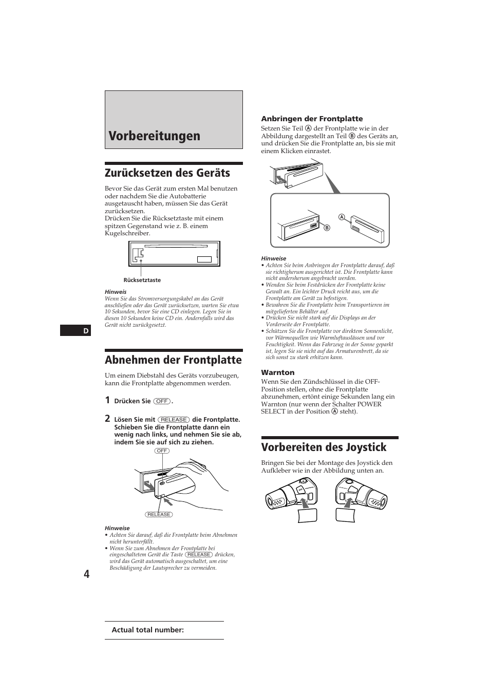Vorbereitungen, Zurücksetzen des geräts, Abnehmen der frontplatte | Vorbereiten des joystick | Sony CDX-C810DSP User Manual | Page 67 / 129