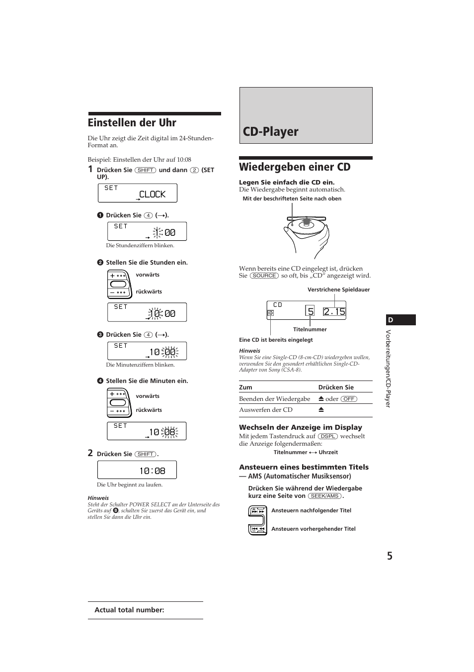 Cd-player, Einstellen der uhr, Wiedergeben einer cd | Clock | Sony CDX-C810DSP User Manual | Page 68 / 129