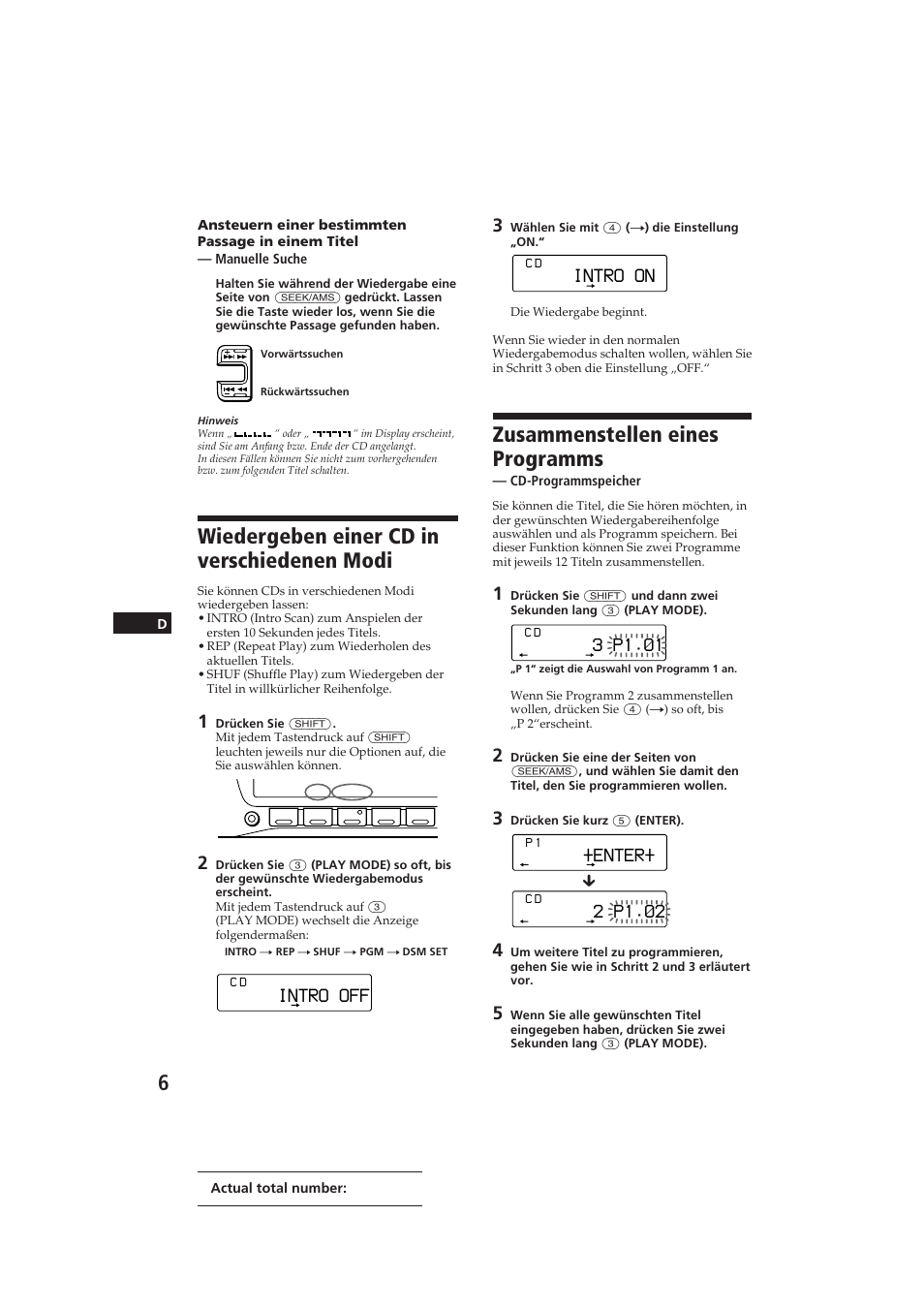 Wiedergeben einer cd in verschiedenen modi, Zusammenstellen eines programms, Intro off | Intro on, 3 p1.‚1, Enter, 2 p1.‚2 | Sony CDX-C810DSP User Manual | Page 69 / 129