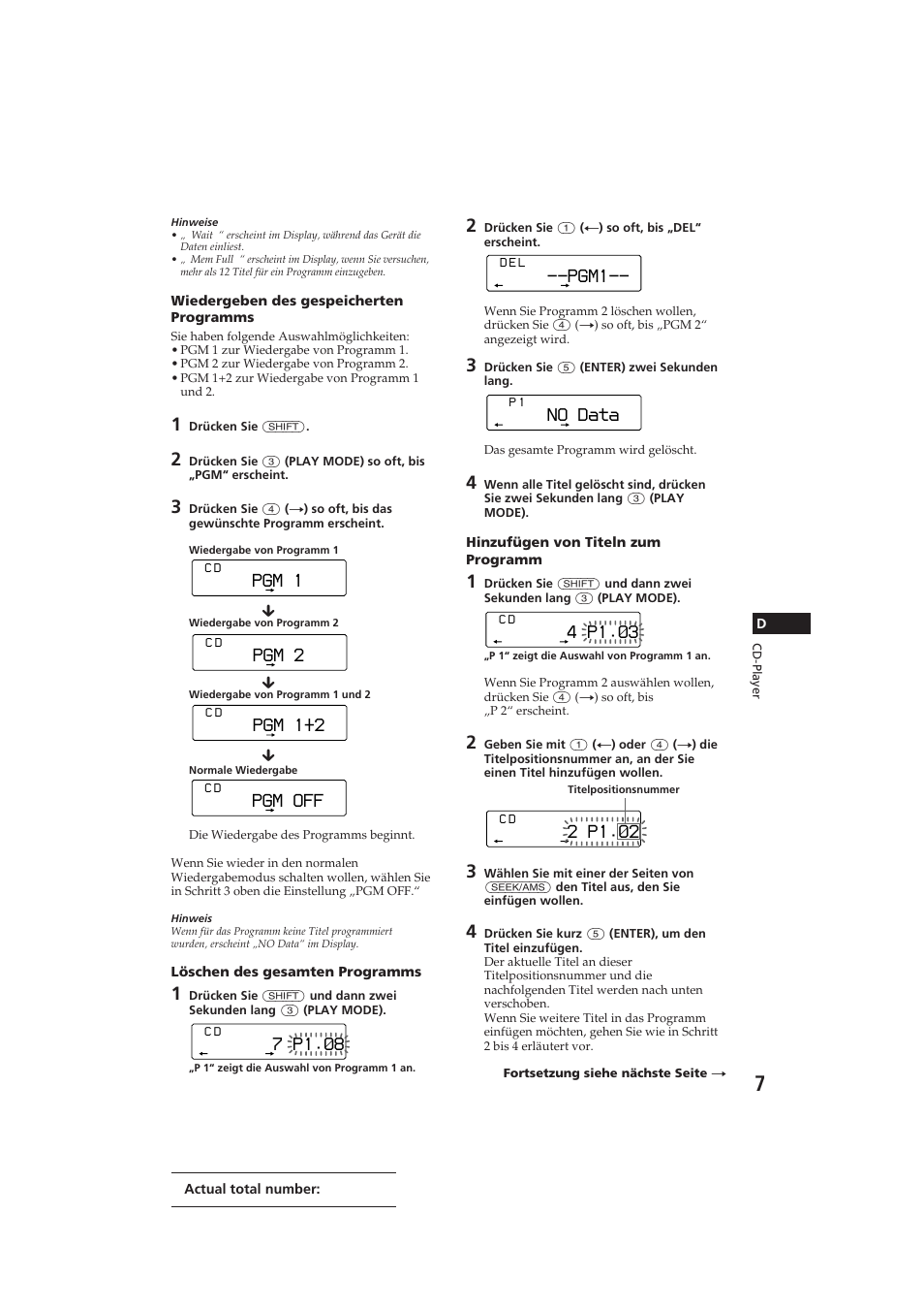 Pgm1, 2 p1.‚2, Pgm 1 | Pgm 2, Pgm off, No data, 4 p1.‚3, 7 p1.‚8, Pgm 1+2 | Sony CDX-C810DSP User Manual | Page 70 / 129