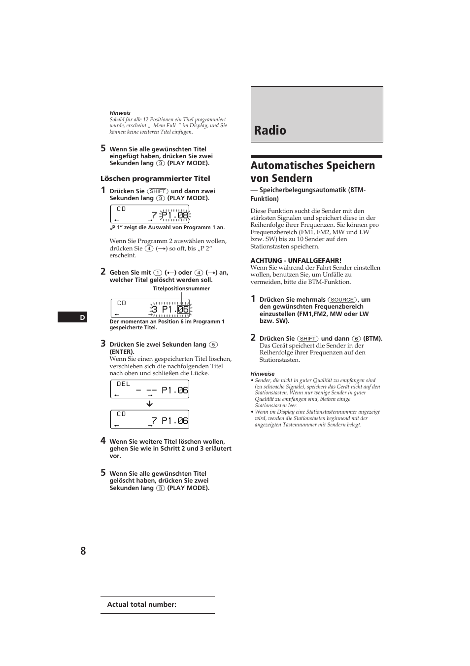 Radio, Automatisches speichern von sendern, 7 p1.‚8 | 3 p1.‚6, P1.‚6, 7 p1.‚6 | Sony CDX-C810DSP User Manual | Page 71 / 129