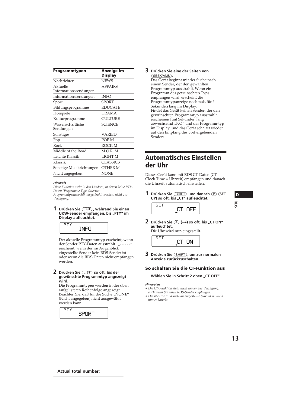 Automatisches einstellen der uhr, Info, Sport | Ct off, Ct on | Sony CDX-C810DSP User Manual | Page 76 / 129