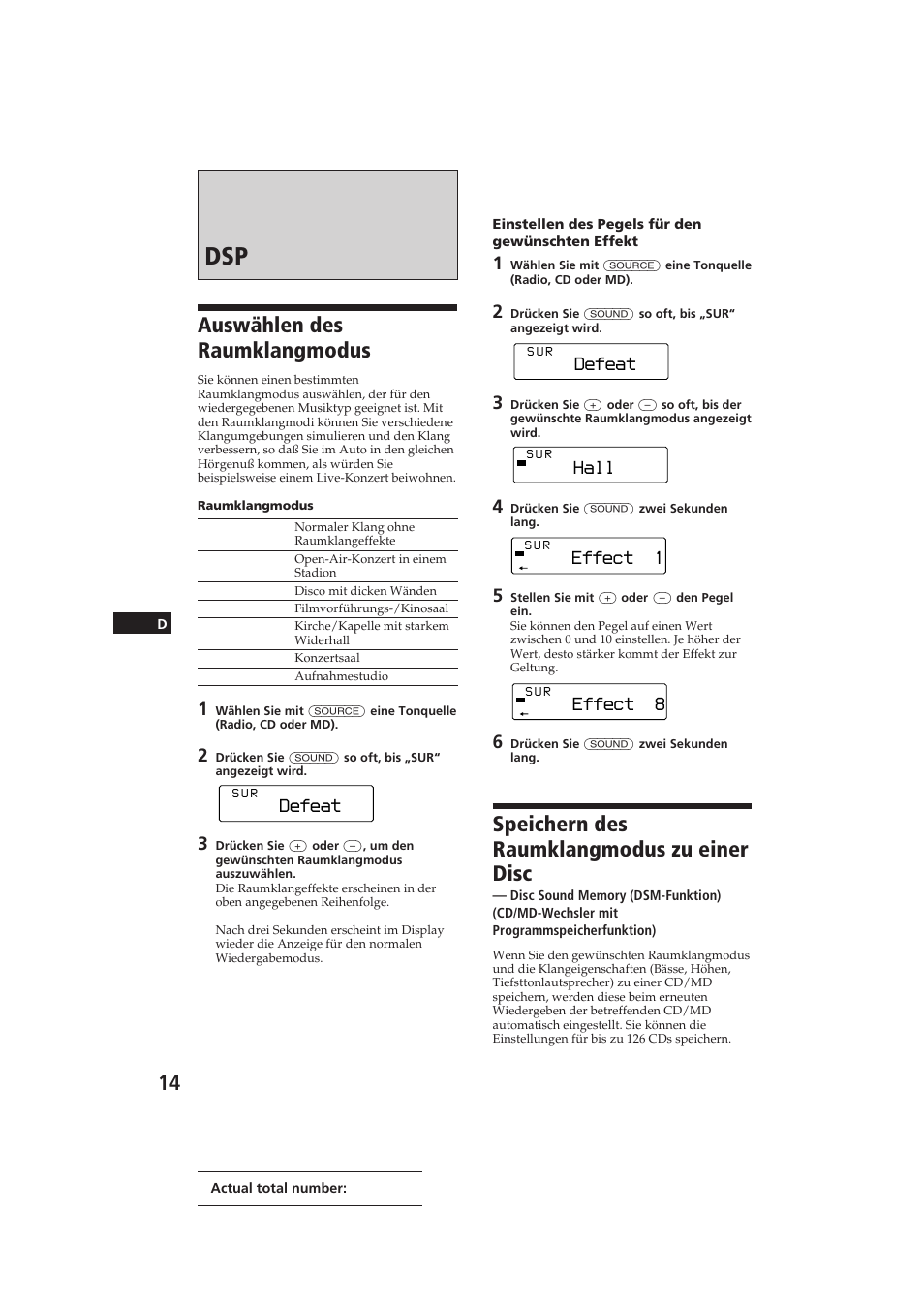 Auswählen des raumklangmodus, Speichern des raumklangmodus zu einer disc, Defeat | Hall, Effect 8, Effect 1 | Sony CDX-C810DSP User Manual | Page 77 / 129