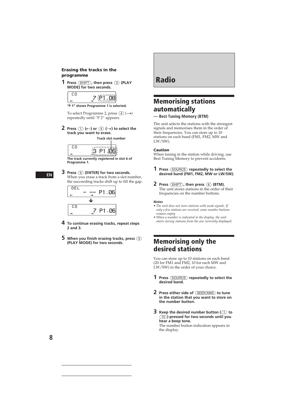 Radio, 7 p1.‚8, P1.‚6 | 7 p1.‚6, 3 p1.‚6 | Sony CDX-C810DSP User Manual | Page 8 / 129
