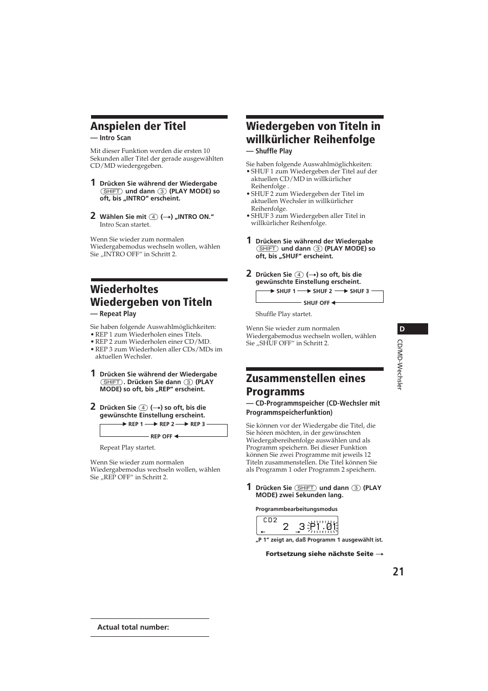 Zusammenstellen eines programms, Anspielen der titel, Wiederholtes wiedergeben von titeln | 2 3 p1.‚1 | Sony CDX-C810DSP User Manual | Page 84 / 129