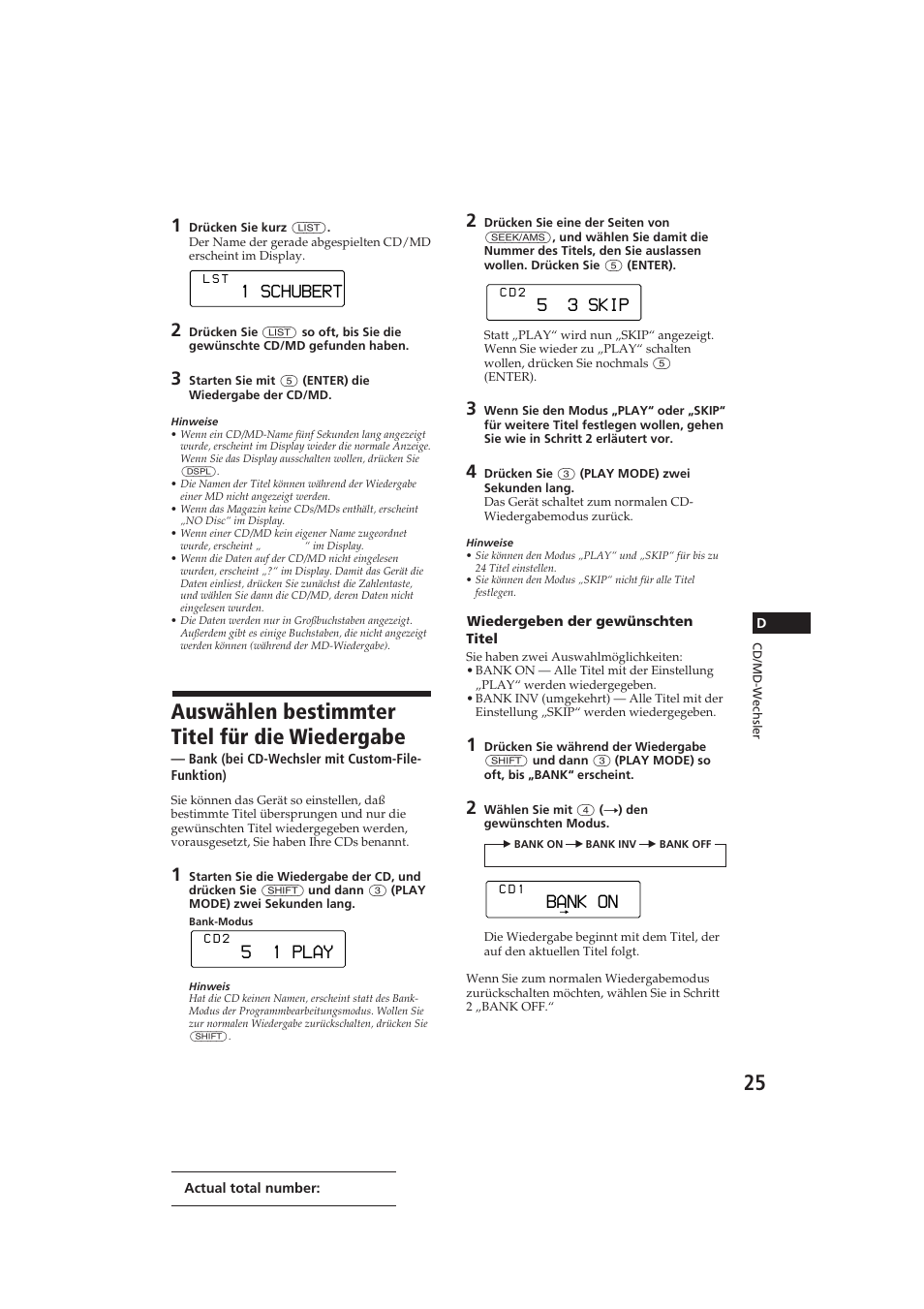 Auswählen bestimmter titel für die wiedergabe, 1 schubert, 5 3 skip | 5 1 play, Bank on | Sony CDX-C810DSP User Manual | Page 88 / 129