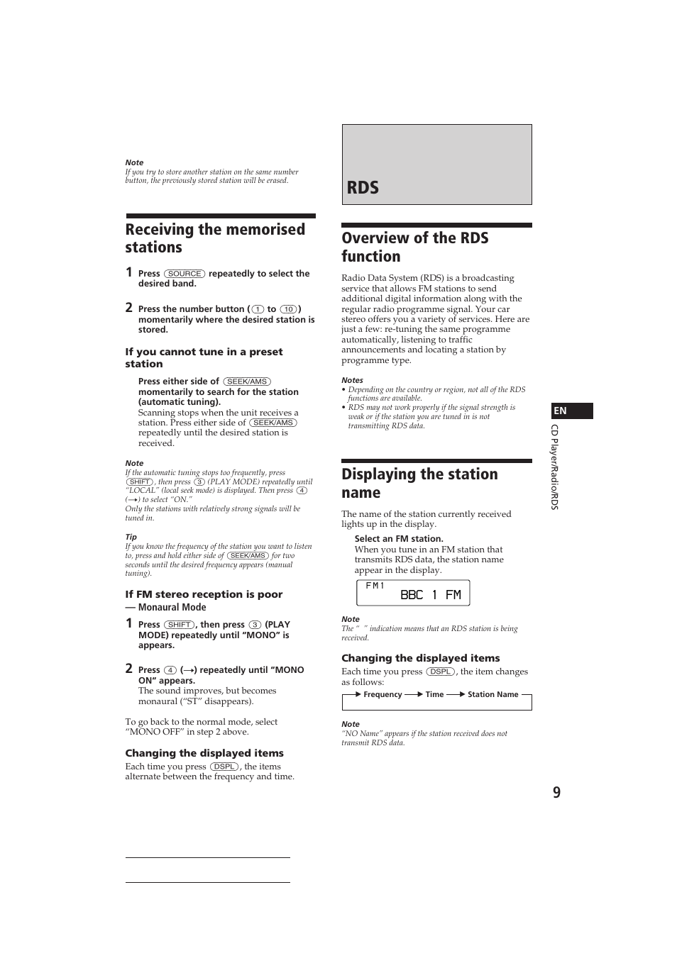 Overview of the rds function, Displaying the station name | Sony CDX-C810DSP User Manual | Page 9 / 129