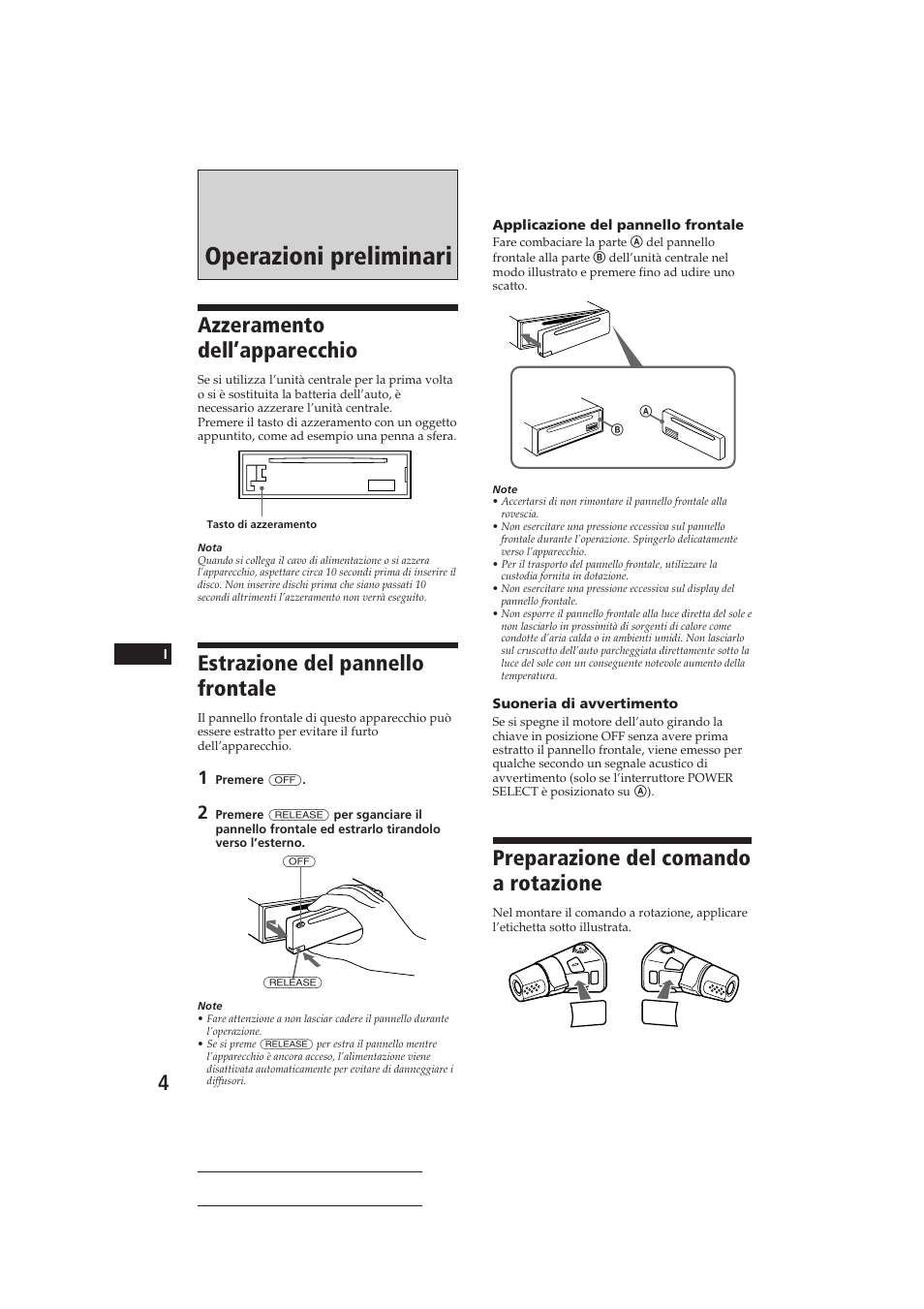 Operazioni preliminari, Azzeramento dell’apparecchio, Estrazione del pannello frontale | Preparazione del comando a rotazione | Sony CDX-C810DSP User Manual | Page 99 / 129