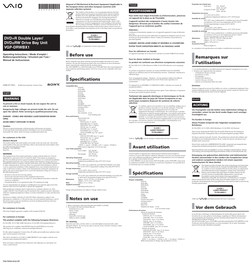 Sony VGP-DRWBX1 User Manual | 2 pages