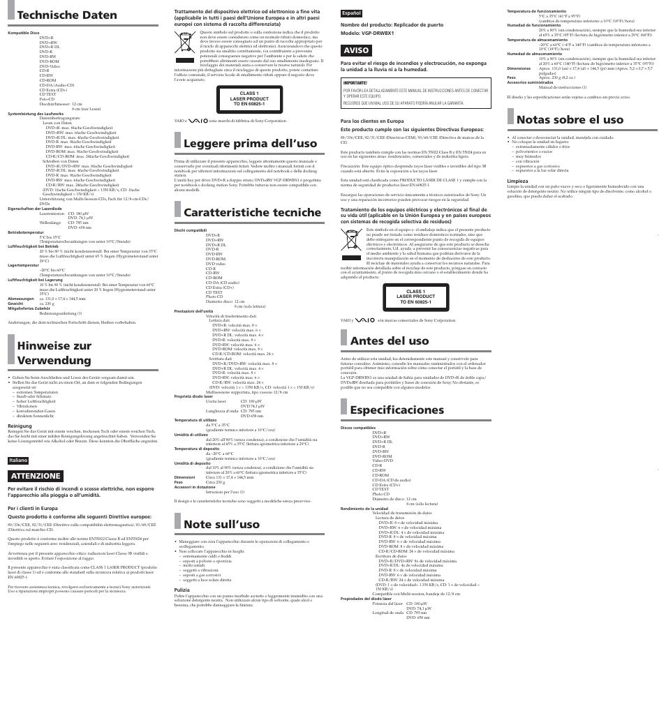 Technische daten, Hinweise zur verwendung, Leggere prima dell’uso | Caratteristiche tecniche, Antes del uso, Especificaciones, Notas sobre el uso, Attenzione, Aviso | Sony VGP-DRWBX1 User Manual | Page 2 / 2