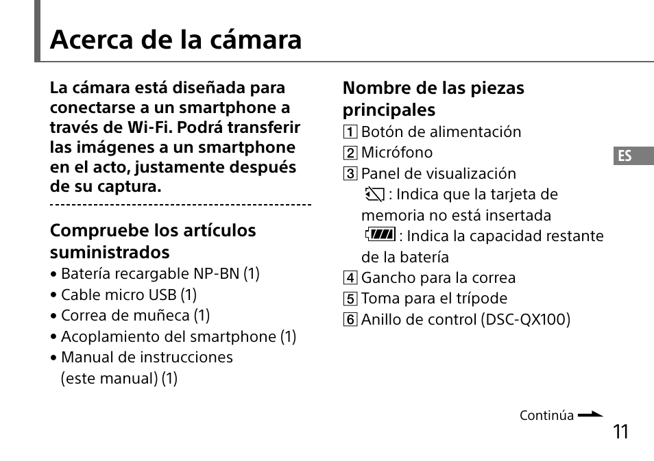 Acerca de la cámara, Compruebe los artículos suministrados, Nombre de las piezas principales | Sony DSC-QX10 User Manual | Page 103 / 363