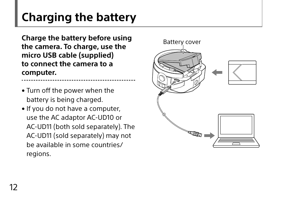 Charging the battery | Sony DSC-QX10 User Manual | Page 12 / 363