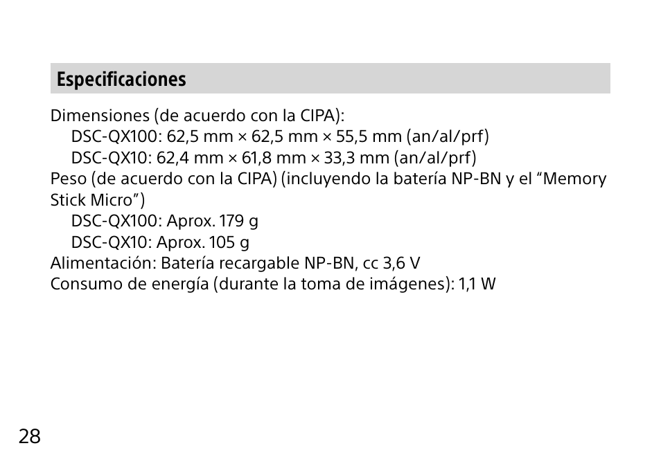28 especificaciones | Sony DSC-QX10 User Manual | Page 120 / 363